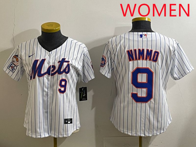 Women 2025 New York Mets #9 Nimmo White Stripe Game Nike MLB Jersey style 9->women mlb jersey->Women Jersey